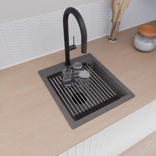HD Infinity Antracit 43 egymedencés gránit mosogatótálca szett, vágódeszkával, acél csepegtetőráccsal és kosárral, matt antracit színben, matt fekete leeresztő szifonnal