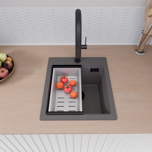HD Infinity Antracit 43 egymedencés gránit mosogatótálca szett, vágódeszkával, acél csepegtetőráccsal és kosárral, matt antracit színben, matt fekete leeresztő szifonnal