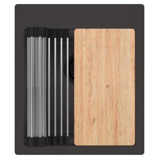 HD Infinity Antracit 43 egymedencés gránit mosogatótálca szett, vágódeszkával, acél csepegtetőráccsal, matt antracit színben, matt fekete leeresztő szifonnal