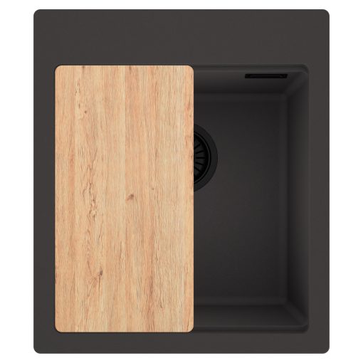 HD Infinity Antracit 43 egymedencés gránit mosogatótálca, vágódeszkával, matt antracit színben, matt fekete leeresztő szifonnal