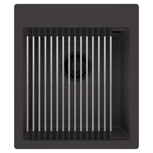 HD Infinity Antracit 43 egymedencés gránit mosogatótálca szett, acél csepegtetőráccsal, matt antracit színben, matt fekete leeresztő szifonnal