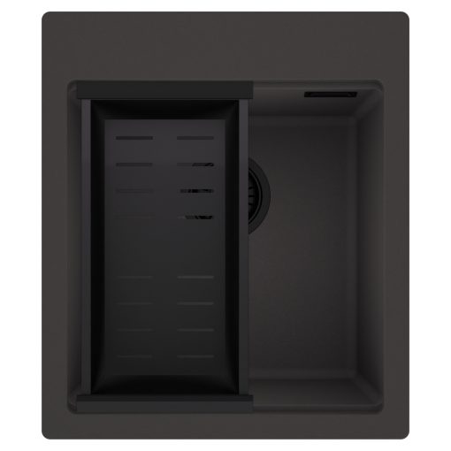 HD Infinity Antracit 43 egymedencés gránit mosogatótálca szett, matt fekete csepegtetőkosárral, matt antracit színben, matt fekete leeresztő szifonnal