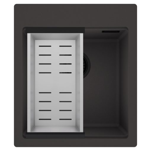 HD Infinity Antracit 43 egymedencés gránit mosogatótálca szett, acél csepegtetőkosárral, matt antracit színben, matt fekete leeresztő szifonnal