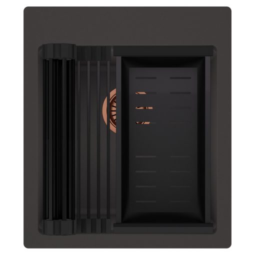 HD Infinity Antracit 43 egymedencés gránit mosogatótálca szett, matt fekete csepegtetőráccsal és kosárral, matt antracit színben, szálcsiszolt réz leeresztő szifonnal