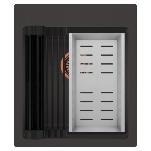 HD Infinity Antracit 43 egymedencés gránit mosogatótálca szett, matt fekete csepegtetőráccsal és krómozott kosárral, matt antracit színben, szálcsiszolt réz leeresztő szifonnal