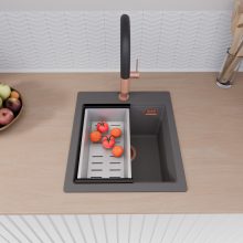 HD Infinity Antracit 43 egymedencés gránit mosogatótálca szett, matt fekete csepegtetőráccsal és krómozott kosárral, matt antracit színben, szálcsiszolt réz leeresztő szifonnal