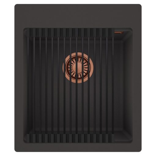 HD Infinity Antracit 43 egymedencés gránit mosogatótálca szett, matt fekete csepegtetőráccsal, matt antracit színben, szálcsiszolt réz leeresztő szifonnal