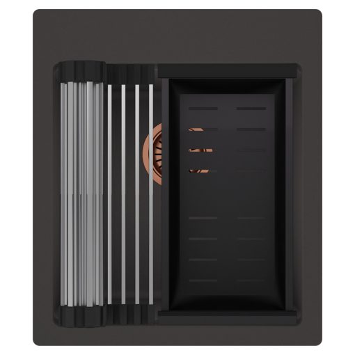 HD Infinity Antracit 43 egymedencés gránit mosogatótálca szett, acél csepegtetőráccsal és matt fekete kosárral, matt antracit színben, szálcsiszolt réz leeresztő szifonnal