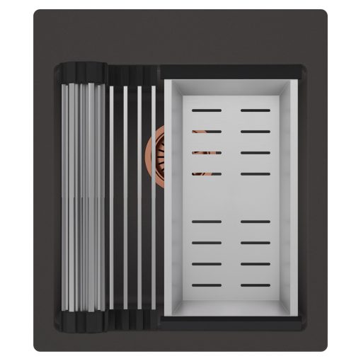 HD Infinity Antracit 43 egymedencés gránit mosogatótálca szett, acél csepegtetőráccsal és kosárral, matt antracit színben, szálcsiszolt réz leeresztő szifonnal