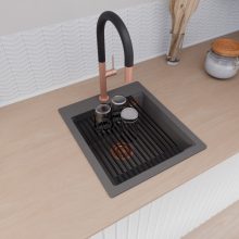 HD Infinity Antracit 43 egymedencés gránit mosogatótálca szett, vágódeszkával, matt fekete csepegtetőráccsal és kosárral, matt antracit színben, szálcsiszolt réz leeresztő szifonnal