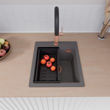 HD Infinity Antracit 43 egymedencés gránit mosogatótálca szett, vágódeszkával, matt fekete csepegtetőráccsal és kosárral, matt antracit színben, szálcsiszolt réz leeresztő szifonnal