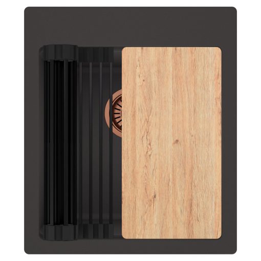 HD Infinity Antracit 43 egymedencés gránit mosogatótálca szett, vágódeszkával, matt fekete csepegtetőráccsal, matt antracit színben, szálcsiszolt réz leeresztő szifonnal