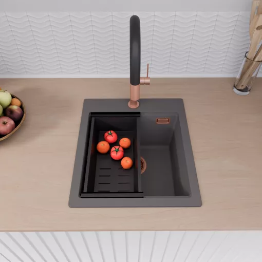 HD Infinity Antracit 43 egymedencés gránit mosogatótálca szett, vágódeszkával, acél csepegtetőráccsal és matt fekete kosárral, matt antracit színben, szálcsiszolt réz leeresztő szifonnal