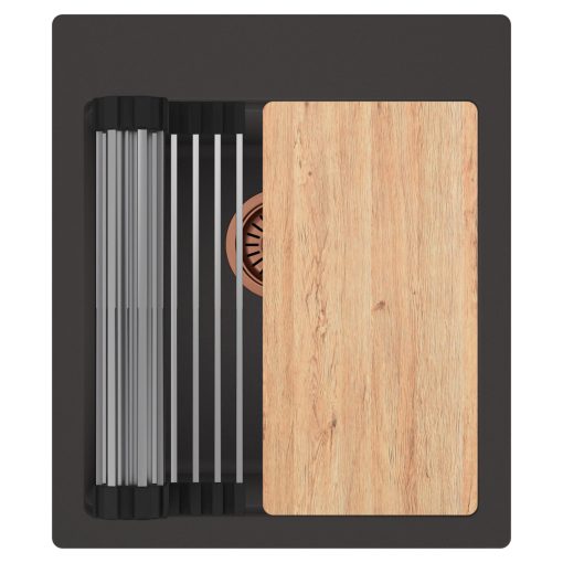 HD Infinity Antracit 43 egymedencés gránit mosogatótálca szett, vágódeszkával, acél csepegtetőráccsal, matt antracit színben, szálcsiszolt réz leeresztő szifonnal