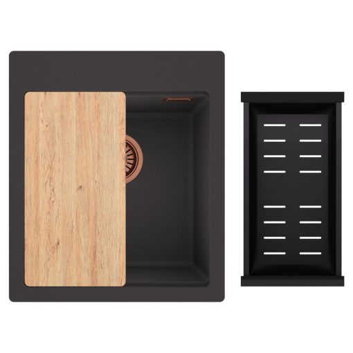 HD Infinity Antracit 43 egymedencés gránit mosogatótálca szett, vágódeszkával, matt fekete csepegtetőkosárral, matt antracit színben, szálcsiszolt réz leeresztő szifonnal