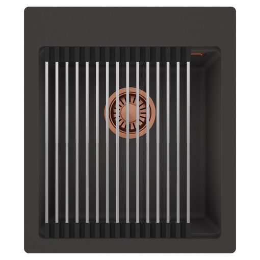 HD Infinity Antracit 43 egymedencés gránit mosogatótálca szett, acél csepegtetőráccsal, matt antracit színben, szálcsiszolt réz leeresztő szifonnal