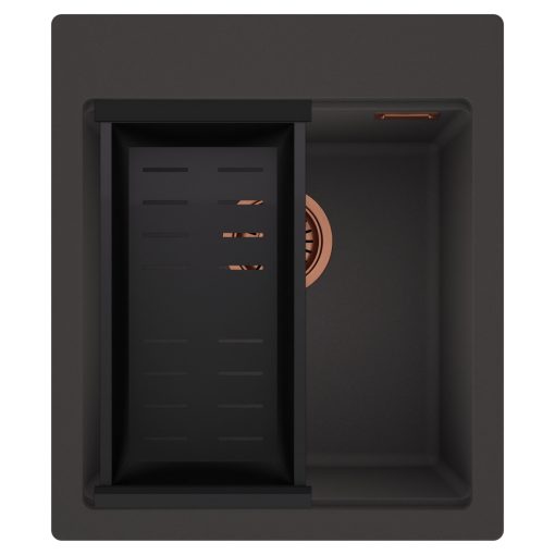 HD Infinity Antracit 43 egymedencés gránit mosogatótálca szett, matt fekete csepegtetőkosárral, matt antracit színben, szálcsiszolt réz leeresztő szifonnal