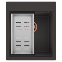 HD Infinity Antracit 43 egymedencés gránit mosogatótálca szett, acél csepegtetőkosárral, matt antracit színben, szálcsiszolt réz leeresztő szifonnal