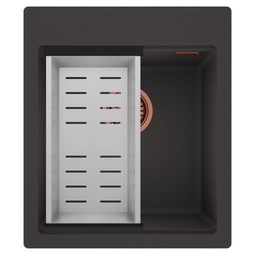 HD Infinity Antracit 43 egymedencés gránit mosogatótálca szett, acél csepegtetőkosárral, matt antracit színben, szálcsiszolt réz leeresztő szifonnal