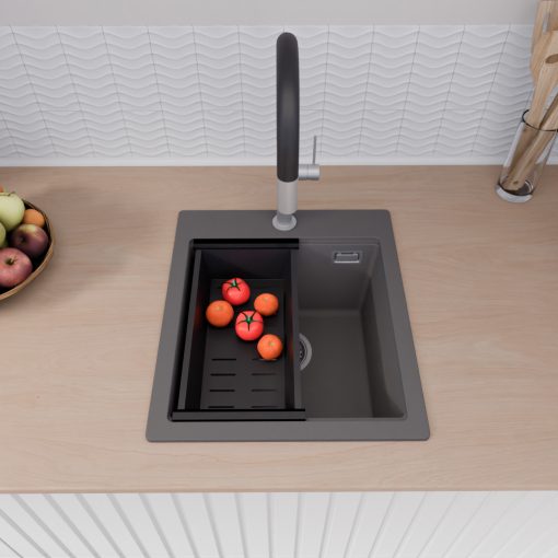 HD Infinity Antracit 43 egymedencés gránit mosogatótálca szett, acél csepegtetőráccsal és matt fekete kosárral, matt antracit színben