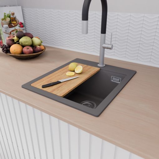 HD Infinity Antracit 43 egymedencés gránit mosogatótálca szett, vágódeszkával, matt fekete csepegtetőráccsal és kosárral, matt antracit színben