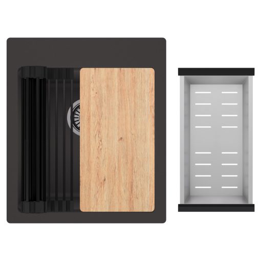 HD Infinity Antracit 43 egymedencés gránit mosogatótálca szett, vágódeszkával, matt fekete csepegtetőráccsal és krómozott kosárral, matt antracit színben