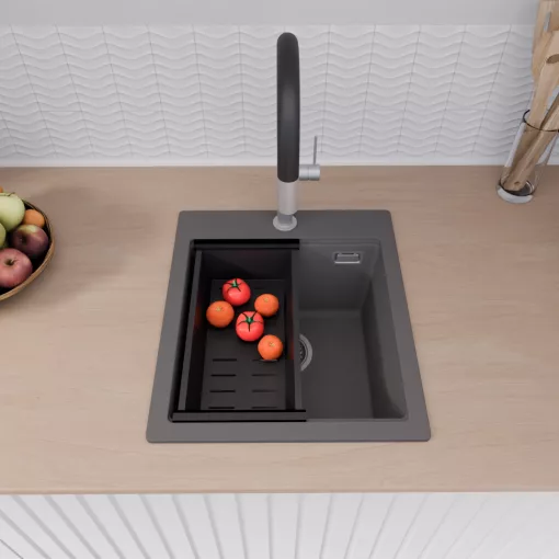 HD Infinity Antracit 43 egymedencés gránit mosogatótálca szett, vágódeszkával, matt fekete csepegtetőkosárral, matt antracit színben
