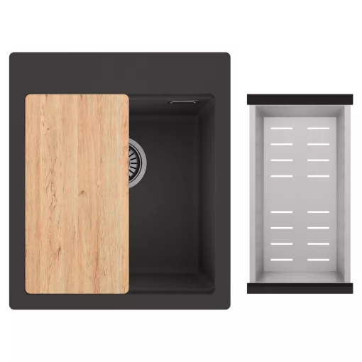 HD Infinity Antracit 43 egymedencés gránit mosogatótálca szett, vágódeszkával, acél csepegtetőkosárral, matt antracit színben