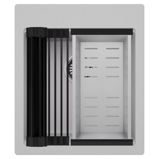 HD Infinity Grey 43 egymedencés gránit mosogatótálca szett, matt fekete csepegtetőráccsal és krómozott kosárral, alpesi szürke színben, szálcsiszolt króm leeresztő szifonnal