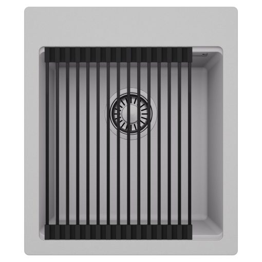 HD Infinity Grey 43 egymedencés gránit mosogatótálca szett, matt fekete csepegtetőráccsal, alpesi szürke színben, szálcsiszolt króm leeresztő szifonnal
