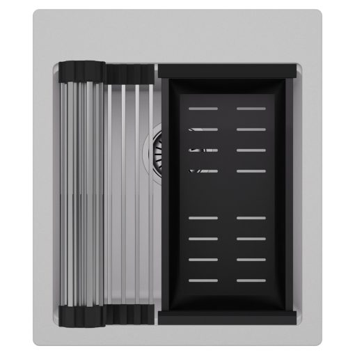 HD Infinity Grey 43 egymedencés gránit mosogatótálca szett, acél csepegtetőráccsal és matt fekete kosárral, alpesi szürke színben, szálcsiszolt króm leeresztő szifonnal