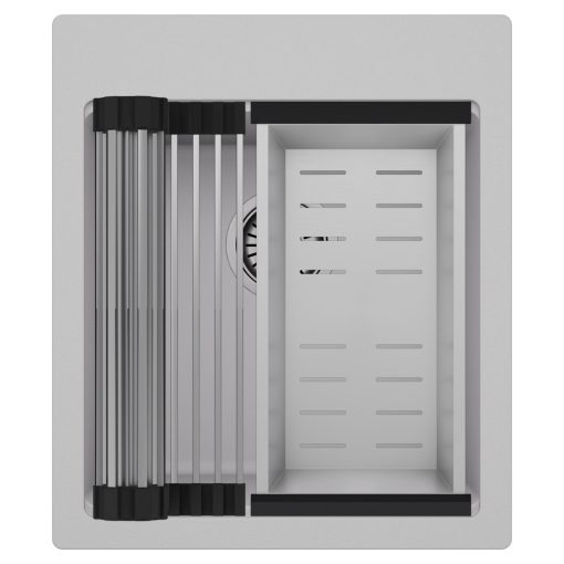 HD Infinity Grey 43 egymedencés gránit mosogatótálca szett, acél csepegtetőráccsal és kosárral, alpesi szürke színben, szálcsiszolt króm leeresztő szifonnal