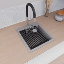 HD Infinity Grey 43 egymedencés gránit mosogatótálca szett, vágódeszkával, matt fekete csepegtetőráccsal, alpesi szürke színben, szálcsiszolt króm leeresztő szifonnal