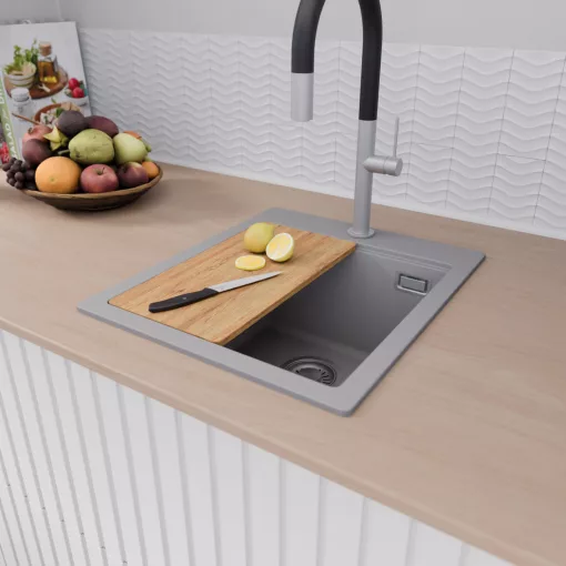 HD Infinity Grey 43 egymedencés gránit mosogatótálca szett, vágódeszkával, acél csepegtetőráccsal és kosárral, alpesi szürke színben, szálcsiszolt króm leeresztő szifonnal