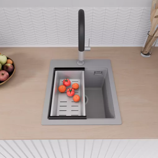 HD Infinity Grey 43 egymedencés gránit mosogatótálca szett, vágódeszkával, acél csepegtetőráccsal és kosárral, alpesi szürke színben, szálcsiszolt króm leeresztő szifonnal