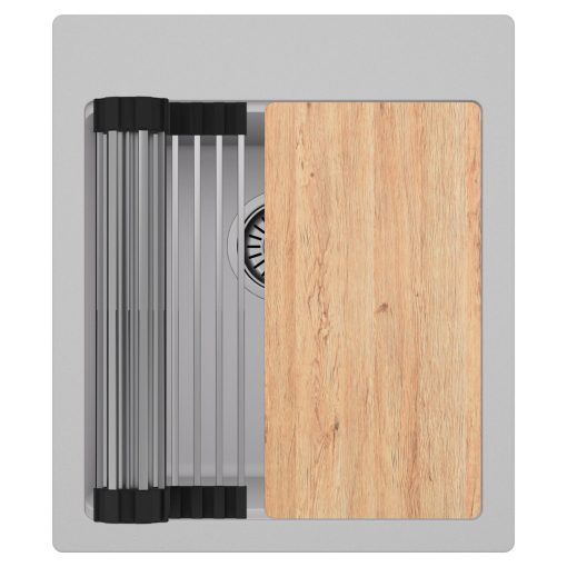 HD Infinity Grey 43 egymedencés gránit mosogatótálca szett, vágódeszkával, acél csepegtetőráccsal, alpesi szürke színben, szálcsiszolt króm leeresztő szifonnal