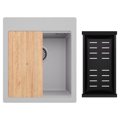 HD Infinity Grey 43 egymedencés gránit mosogatótálca szett, vágódeszkával, matt fekete csepegtetőkosárral, alpesi szürke színben, szálcsiszolt króm leeresztő szifonnal