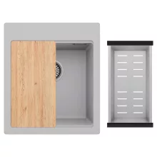 HD Infinity Grey 43 egymedencés gránit mosogatótálca szett, vágódeszkával, acél csepegtetőkosárral, alpesi szürke színben, szálcsiszolt króm leeresztő szifonnal