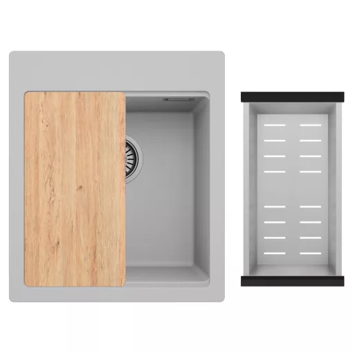 HD Infinity Grey 43 egymedencés gránit mosogatótálca szett, vágódeszkával, acél csepegtetőkosárral, alpesi szürke színben, szálcsiszolt króm leeresztő szifonnal