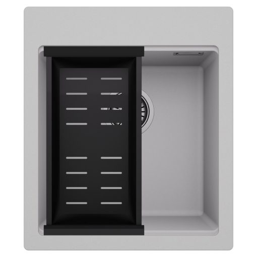 HD Infinity Grey 43 egymedencés gránit mosogatótálca szett, matt fekete csepegtetőkosárral, alpesi szürke színben, szálcsiszolt króm leeresztő szifonnal