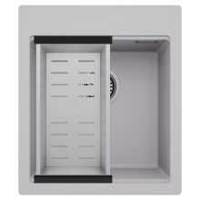 HD Infinity Grey 43 egymedencés gránit mosogatótálca szett, acél csepegtetőkosárral, alpesi szürke színben, szálcsiszolt króm leeresztő szifonnal