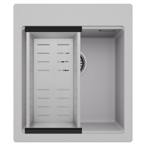 HD Infinity Grey 43 egymedencés gránit mosogatótálca szett, acél csepegtetőkosárral, alpesi szürke színben, szálcsiszolt króm leeresztő szifonnal