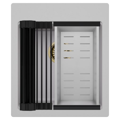 HD Infinity Grey 43 egymedencés gránit mosogatótálca szett, matt fekete csepegtetőráccsal és krómozott kosárral, alpesi szürke színben, szálcsiszolt arany leeresztő szifonnal