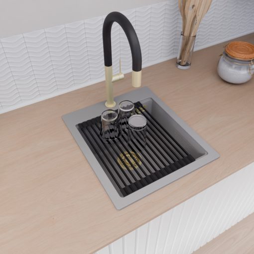 HD Infinity Grey 43 egymedencés gránit mosogatótálca szett, matt fekete csepegtetőráccsal és krómozott kosárral, alpesi szürke színben, szálcsiszolt arany leeresztő szifonnal