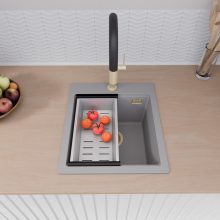 HD Infinity Grey 43 egymedencés gránit mosogatótálca szett, matt fekete csepegtetőráccsal és krómozott kosárral, alpesi szürke színben, szálcsiszolt arany leeresztő szifonnal