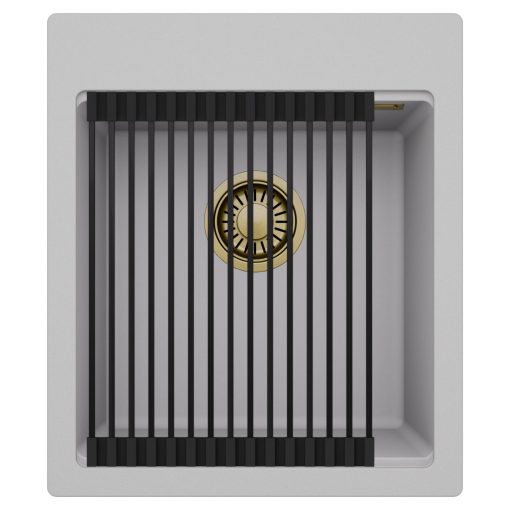 HD Infinity Grey 43 egymedencés gránit mosogatótálca szett, matt fekete csepegtetőráccsal, alpesi szürke színben, szálcsiszolt arany leeresztő szifonnal