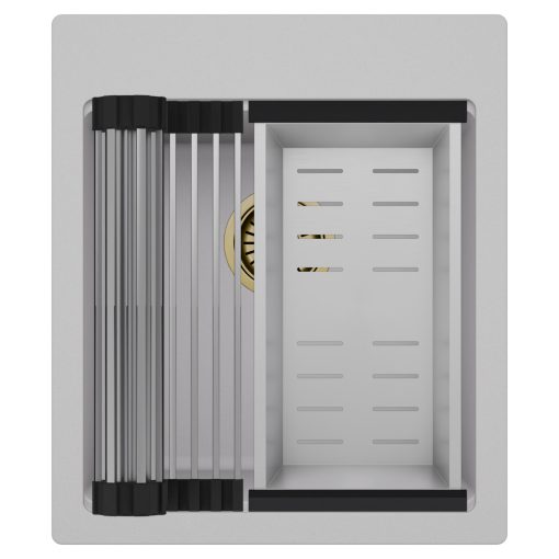 HD Infinity Grey 43 egymedencés gránit mosogatótálca szett, acél csepegtetőráccsal és kosárral, alpesi szürke színben, szálcsiszolt arany leeresztő szifonnal