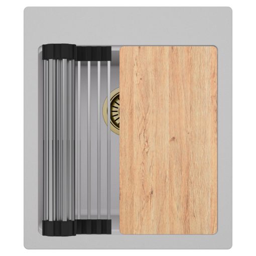 HD Infinity Grey 43 egymedencés gránit mosogatótálca szett, vágódeszkával, acél csepegtetőráccsal, alpesi szürke színben, szálcsiszolt arany leeresztő szifonnal