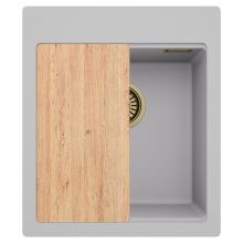 HD Infinity Grey 43 egymedencés gránit mosogatótálca, vágódeszkával, alpesi szürke színben, szálcsiszolt arany leeresztő szifonnal