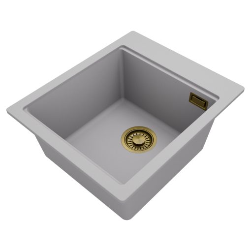 HD Infinity Grey 43 egymedencés gránit mosogatótálca, vágódeszkával, alpesi szürke színben, szálcsiszolt arany leeresztő szifonnal